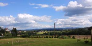 a view of a field with mountains in the distance at Noclegi "Pod Lasem" in Polańczyk