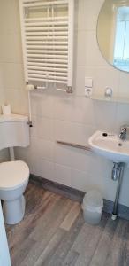 a bathroom with a toilet and a sink at Vakantiewoning met terras vlakbij strand en centrum in Zoutelande