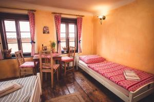 1 dormitorio con 1 cama, mesa y sillas en Pension Cert a Kaca, en Český Krumlov
