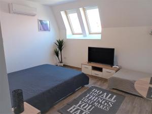 una camera da letto con due letti e una TV a schermo piatto di Szellőrózsa Apartman a Fonyód