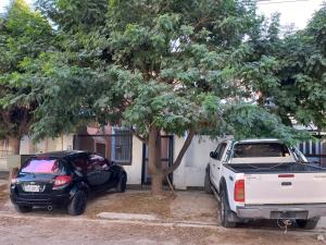 un camión y un coche estacionados junto a un árbol en Rinconada 1 en Las Grutas
