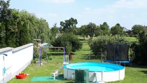 a pool in a yard next to a garden at Blue House in Győrzámoly