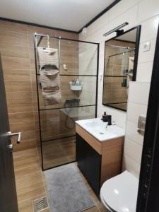 a bathroom with a sink and a toilet and a mirror at Kai Apartman in Kopaonik +27 photos