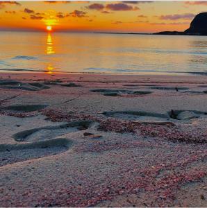 a sunset on a beach with the sun setting at Stabilimento Lido Burrone in Favignana