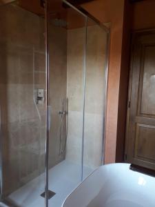 a shower with a glass enclosure in a bathroom at Casolare il Moro in Monte San Savino