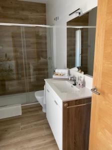 a bathroom with a sink and a toilet and a mirror at Ático en pleno centro en Cangas in Cangas de Morrazo +39 photos