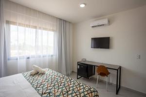 una camera con letto, scrivania e TV di Pousada Terra do Vento a São Miguel do Gostoso