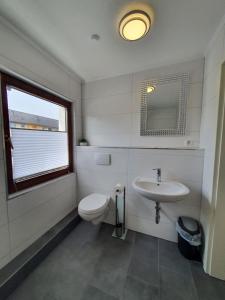 a bathroom with a toilet and a sink and a window at Das SP Hotel in Fürth