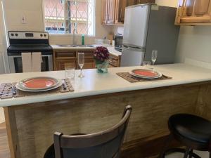 a kitchen with two plates and glasses on a counter at Musgrave AnneX- comfy 1 bedroom apartment on the ground floor in Kingston