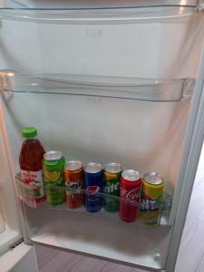 a refrigerator filled with lots of cans of soda at Sara Apartment in Surčin +7 photos