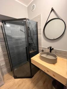 a bathroom with a sink and a shower with a mirror at Hostel WOKU in Świebodzice