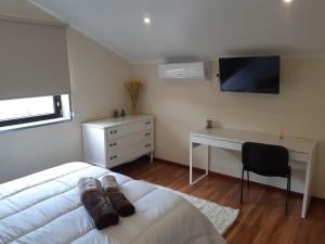 a bedroom with a bed and a desk and a television at Quinta da Àgua in Torre de Moncorvo