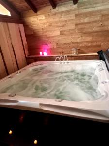 een groot bad in een kamer met een houten plafond bij Le Kota Etable in La Chapelle +8 foto's