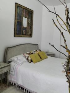 een bed met 2 kussens en een spiegel aan de muur bij Carru de ammentos in Ozieri