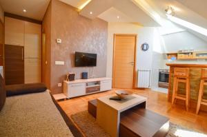a living room with a couch and a tv at Oaza in Zlatibor