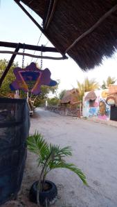 a potted plant in a tire next to a building at Casa de los Santos Camping y eco cabañas in Holbox Island