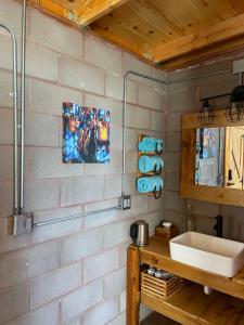 uma casa de banho com um lavatório e um espelho em Cabaña San Tony em Valle de Guadalupe