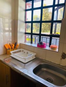 a kitchen counter with a sink and a window at Lovely apartment near town with WiFi and parking in Meru