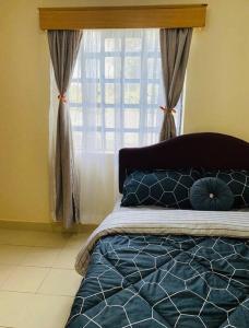 a bedroom with a bed and a window with curtains at Lovely apartment near town with WiFi and parking in Meru