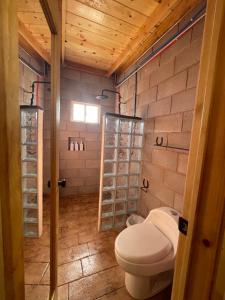 a bathroom with a toilet in a room at Cabaña San Tony in Valle de Guadalupe