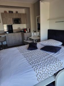 a large white bed in a room with a kitchen at CHANGÉ, 10mn LE MANS 72 in Changé