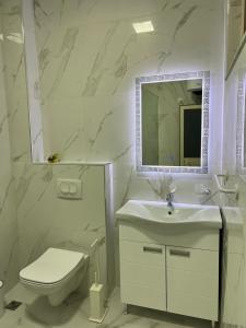 a bathroom with a sink and a toilet and a mirror at Perdja Apartment II in Velipojë