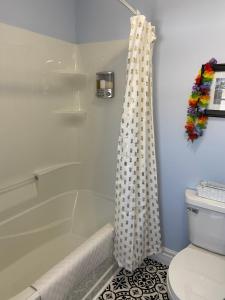 a bathroom with a shower curtain next to a toilet at Seabank House Bed and Breakfast Aloha in Pictou