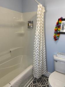 a bathroom with a shower curtain next to a toilet at Seabank House Bed and Breakfast Aloha in Pictou