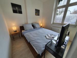 1 dormitorio con 1 cama, TV y ventana en Große Ferienwohnung mit Dachterrasse am Marktplatz en Sassnitz