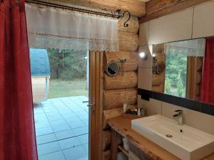 a bathroom with a sink and a mirror at Ferienhaus - Chalet - Lechtraum in Stanzach