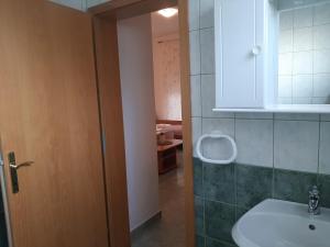 ein Badezimmer mit einem Waschbecken, einem Spiegel und einer Tür in der Unterkunft Apartmani Leon in Šimuni