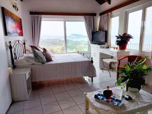 a bedroom with a bed and a large window at Baso Hilltop Apartments in Argassi