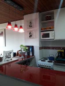 eine Küche mit einem Herd und einer Mikrowelle in der Unterkunft Tu lugar Departamento 2 ambientes Hindu Club Don Torcuato in Don Torcuato