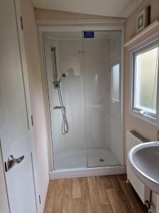 a bathroom with a shower and a sink at The Bliss in Hastings