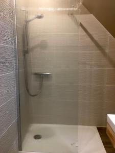 a shower with a glass door in a bathroom at Le Clos Audy près de Chambord in Huisseau-sur-Cosson