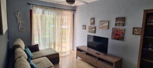 a living room with a couch and a flat screen tv at Ruiseñor en Palm-Mar in Palm-mar