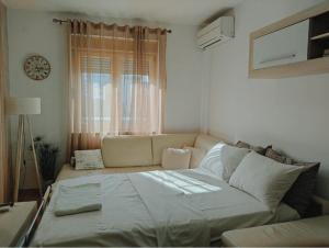 - un salon avec un canapé et une fenêtre dans l'établissement Aurora Apartment, à Podgorica