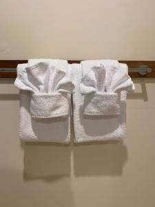 three towels are hanging on a towel rack at Emerald Creek Cottages in Emerald +25 photos