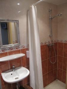 a bathroom with a sink and a shower at Badhotel Zeecroft in Wijk aan Zee