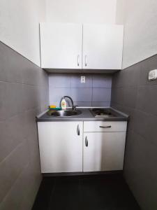 a small kitchen with a sink and white cabinets at Darki Apartment - Bazaar Location With Free Parking in Ohrid +6 photos
