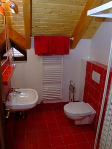 uma casa de banho com um WC branco e um lavatório. em Penzion Úsmev em Arnutovce