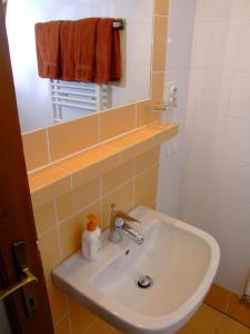 uma casa de banho com um lavatório e uma toalha em Penzion Úsmev em Arnutovce