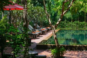 un complejo con piscina, sillas y sombrilla en Home Indochine D'angkor Hotel en Siem Riep