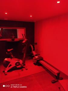 a red room with a gym with two exercise bikes at loft SPA nature et détente in Messy +14 photos