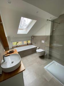 a bathroom with a sink and a shower and a toilet at Zur Thermebrücke in Soltau