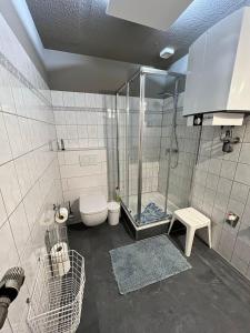 uma casa de banho com uma cabina de duche em vidro e um WC. em Hostel Fehmarn Ferienwohnung em Fehmarn