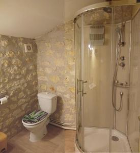 a bathroom with a toilet and a glass shower at Logis de Chalons à la mer in Le Gua