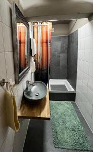 a bathroom with a sink and a shower at Hostel Fehmarn Mehrbett-Zimmer in Fehmarn