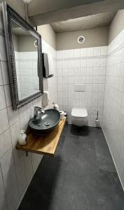 ein Bad mit einem Waschbecken und einem WC in der Unterkunft Hostel Fehmarn Mehrbett-Zimmer in Fehmarn