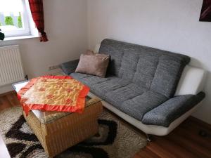 ein Wohnzimmer mit einem grauen Sofa und einem Tisch in der Unterkunft Ferienwohnung Familie Ober in Rotthalmünster